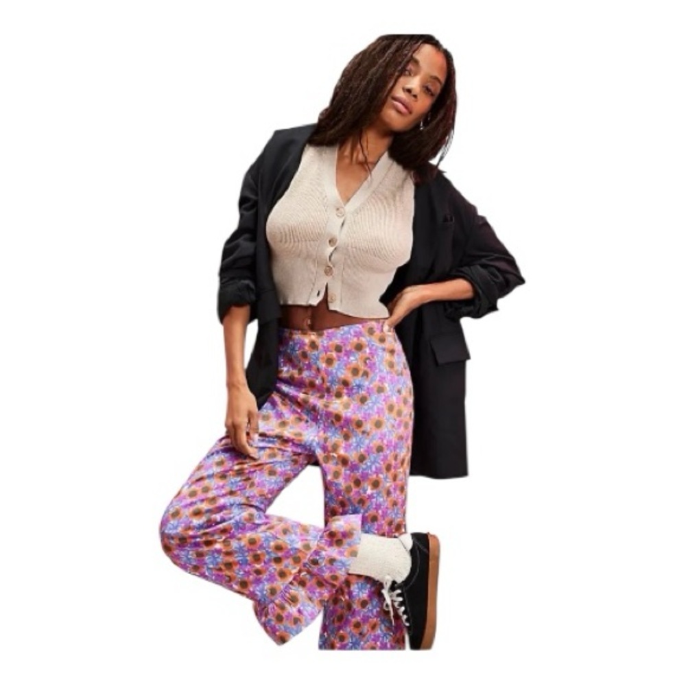 NWOT CeliaB Trilha Floral Purple Orange Flare Pants with Ruffle Hem Size XS - Picture 9 of 12